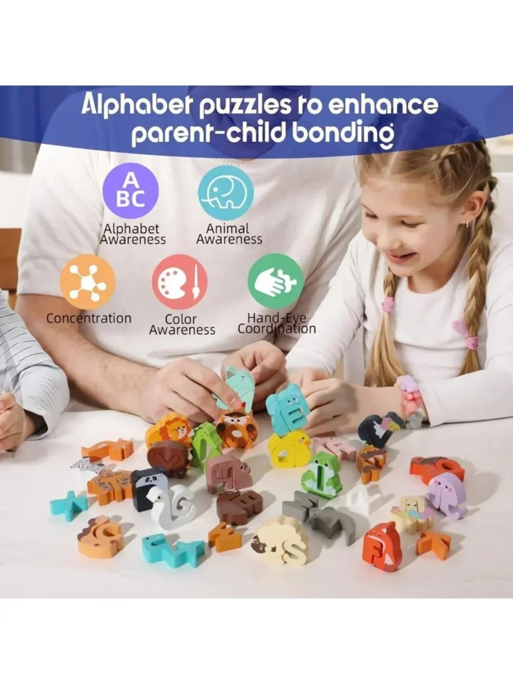 52-Piece Wooden Alphabet Animal Matching Game & Peg Puzzles for Toddlers 3-5